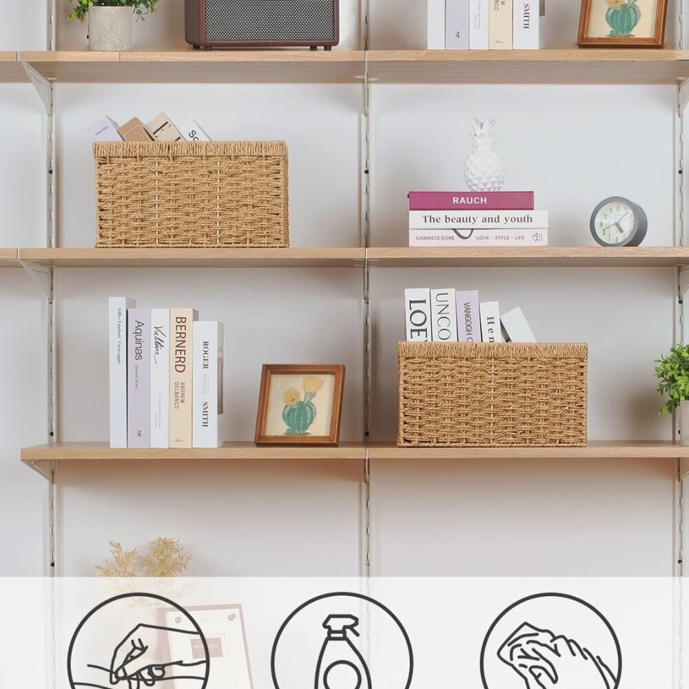 Round Paper Rope Storage Baskets, Rectangular Wicker Baskets with Built-in Handl - Picture 5 of 7